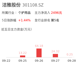 洁雅股份主力资金流向